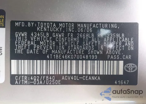 2007 Toyota Camry Le z USA, uszkodzony, nr VIN 4T1BE46K07U048199